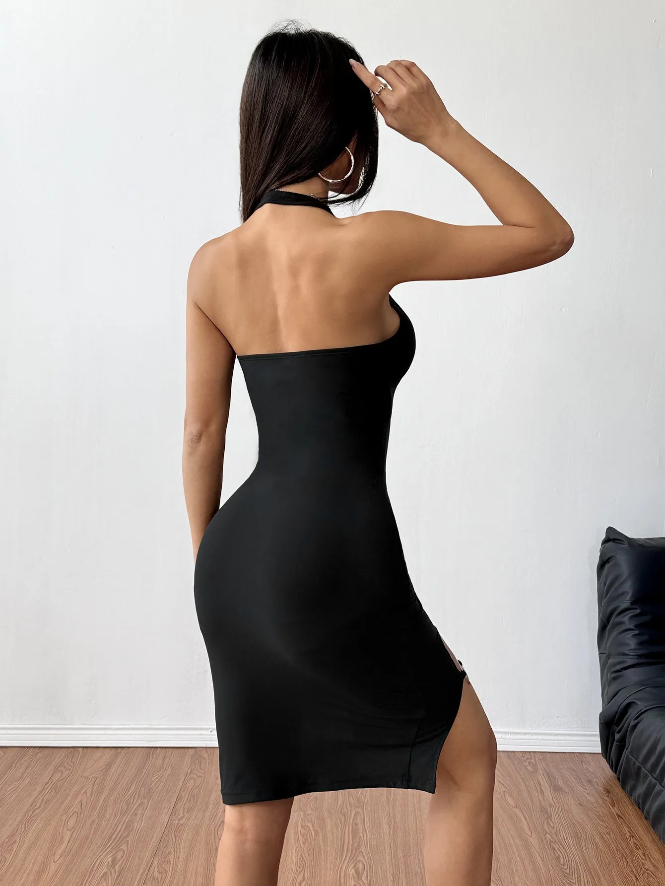 Edgy Halter Bodycon Dress with Metal Ring Cut-Out Slits for Bold Styling