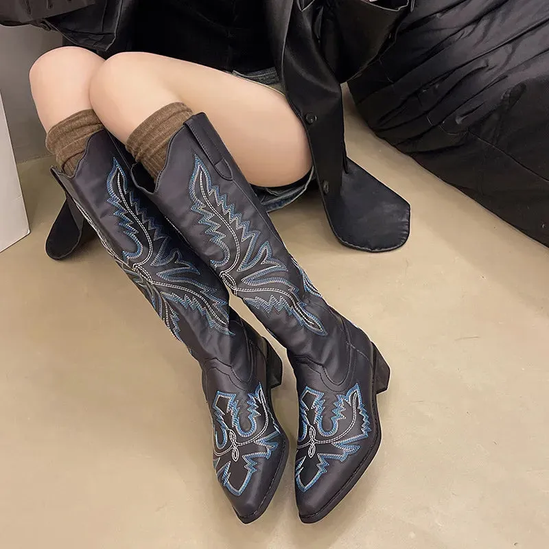 Embroidered Point Toe Block Heels Boots