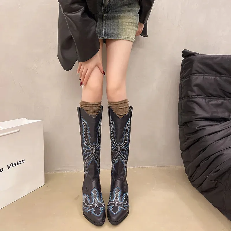 Embroidered Point Toe Block Heels Boots