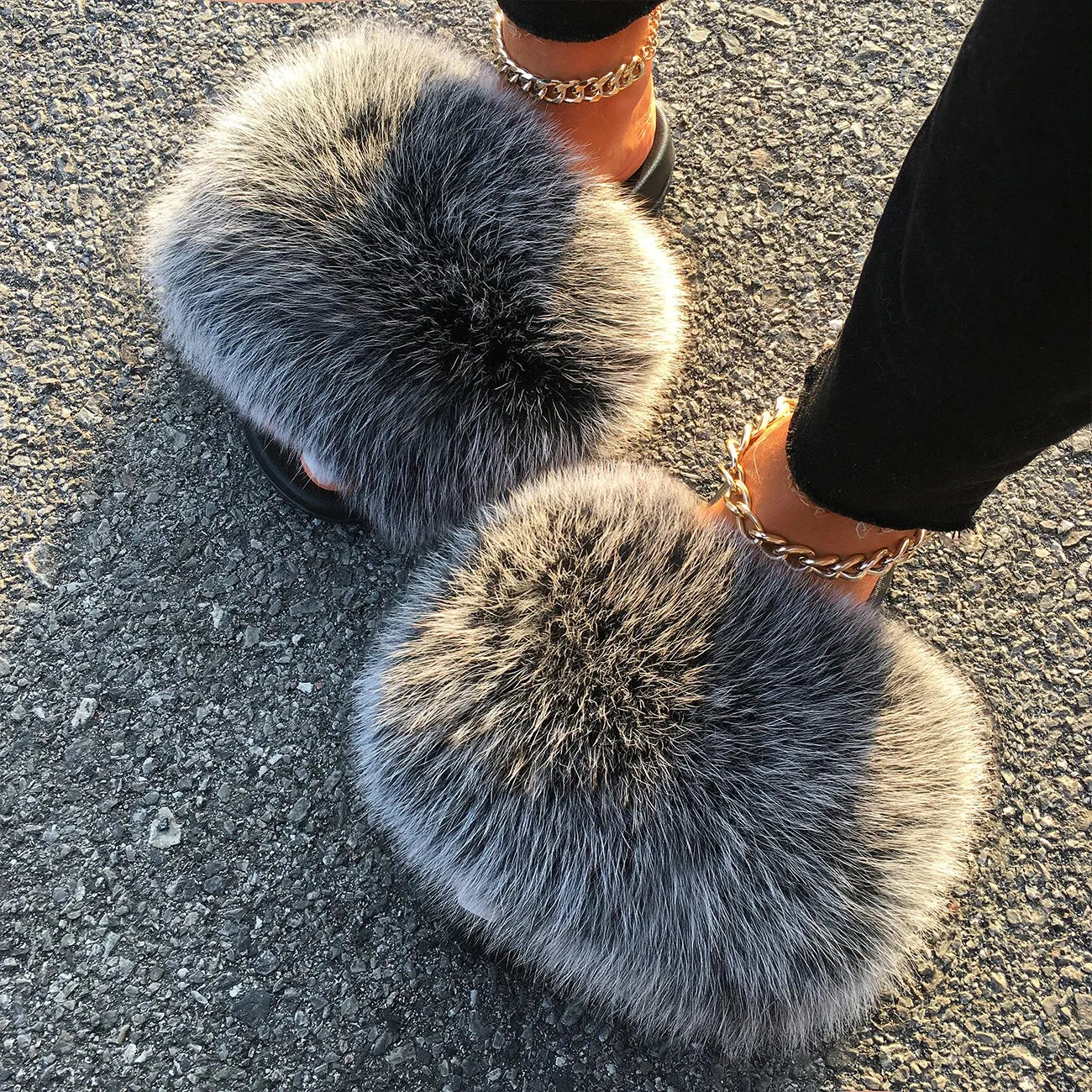 Extra Large Fur Slippers Real Fox Raccoon Fur Slides Flat Flip Flops Beach Designer Sandals Cute Plush Hair Furry Shoes Woman