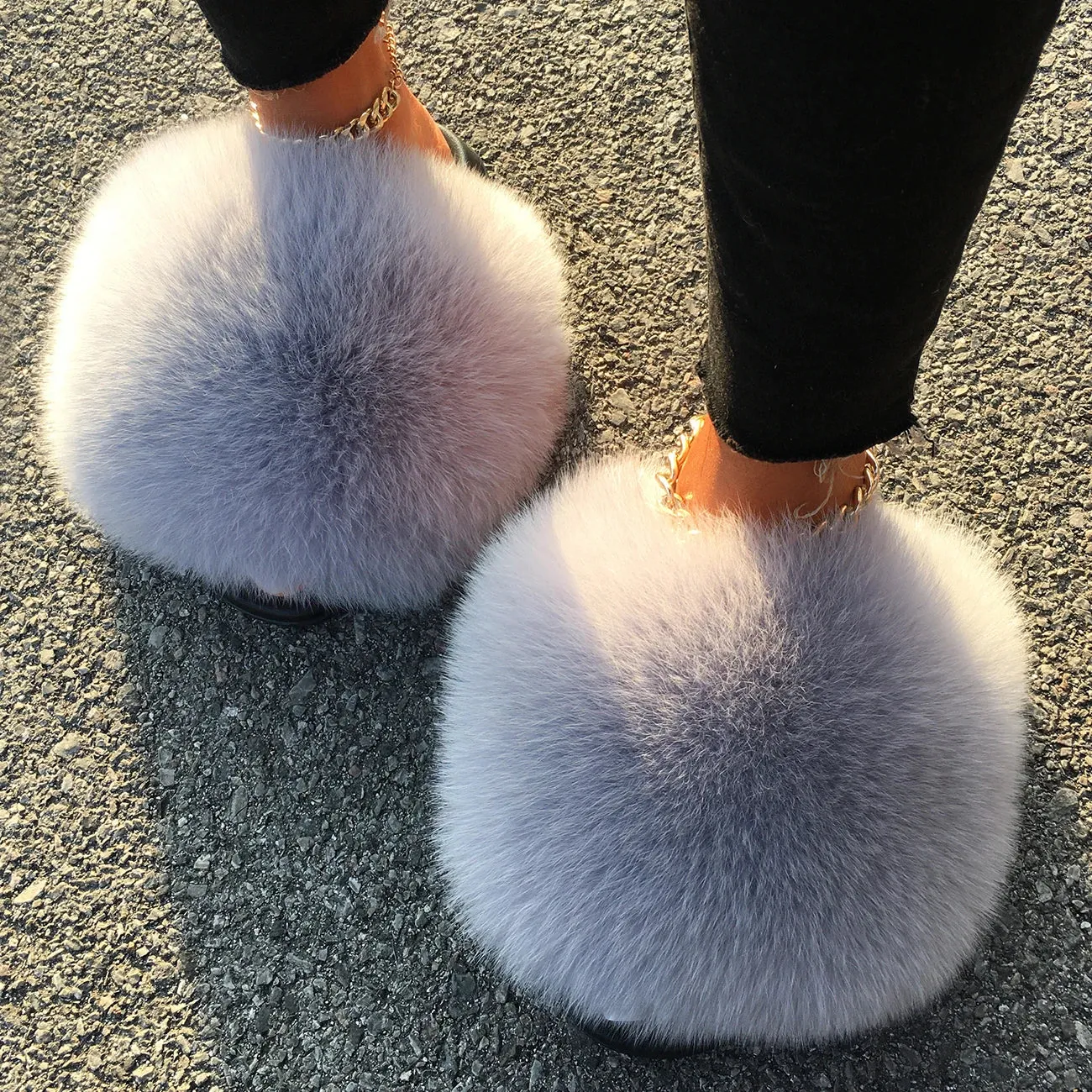 Extra Large Fur Slippers Real Fox Raccoon Fur Slides Flat Flip Flops Beach Designer Sandals Cute Plush Hair Furry Shoes Woman