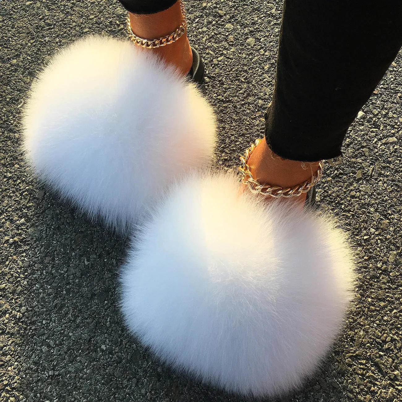 Extra Large Fur Slippers Real Fox Raccoon Fur Slides Flat Flip Flops Beach Designer Sandals Cute Plush Hair Furry Shoes Woman