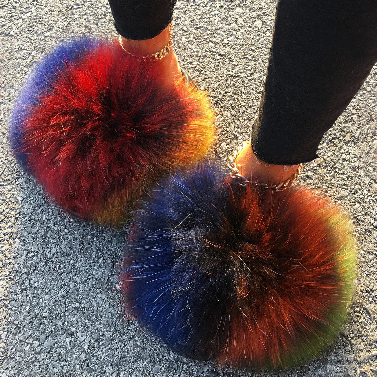 Extra Large Fur Slippers Real Fox Raccoon Fur Slides Flat Flip Flops Beach Designer Sandals Cute Plush Hair Furry Shoes Woman