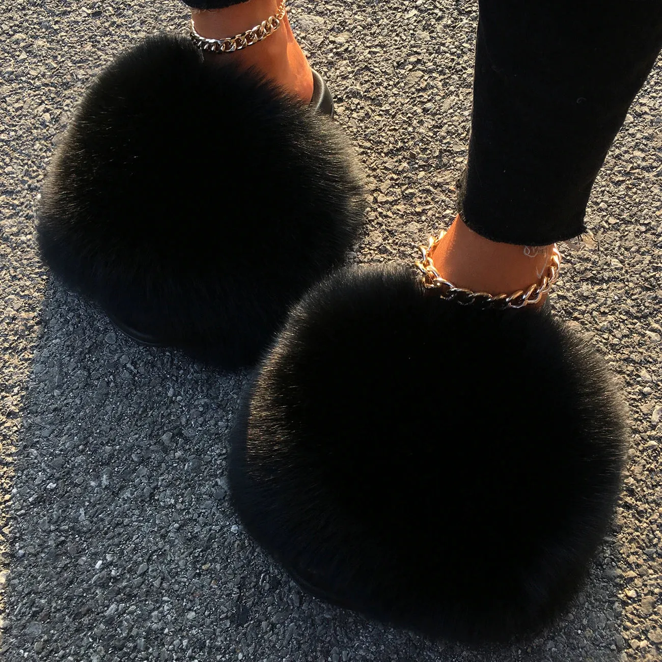 Extra Large Fur Slippers Real Fox Raccoon Fur Slides Flat Flip Flops Beach Designer Sandals Cute Plush Hair Furry Shoes Woman