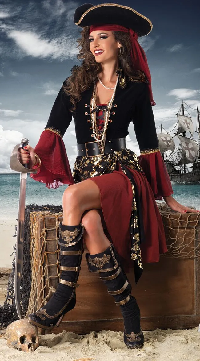 Fierce Pirate Queen Costume with Dramatic Bell Sleeves