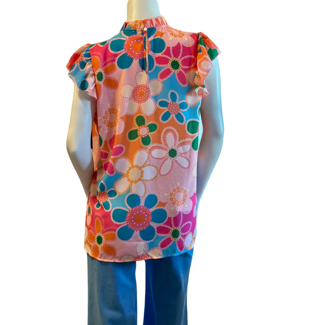 Floral print top with ruffled neckline and flutter sleeves
