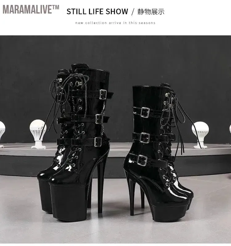 Fluorescent Green Fashionable Women's Ankle Boots with Round Toe Side Zip Short Boots for Pole Dance Platform Heels Three Belt Buckle