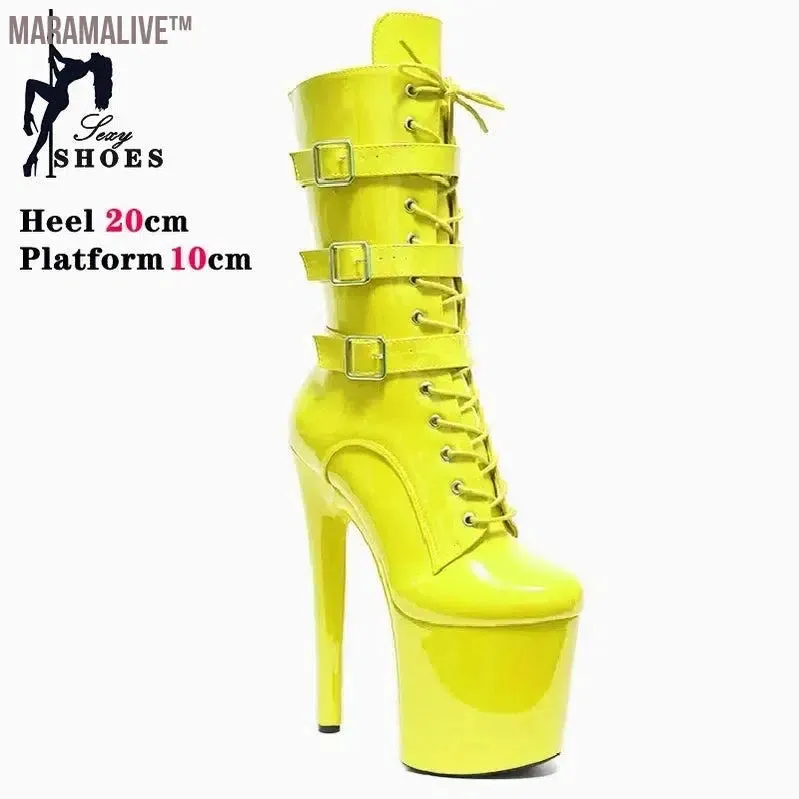 Fluorescent Green Fashionable Women's Ankle Boots with Round Toe Side Zip Short Boots for Pole Dance Platform Heels Three Belt Buckle
