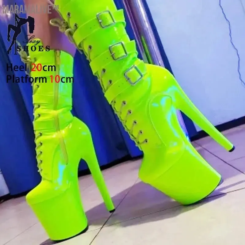 Fluorescent Green Fashionable Women's Ankle Boots with Round Toe Side Zip Short Boots for Pole Dance Platform Heels Three Belt Buckle