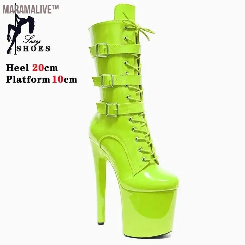 Fluorescent Green Fashionable Women's Ankle Boots with Round Toe Side Zip Short Boots for Pole Dance Platform Heels Three Belt Buckle