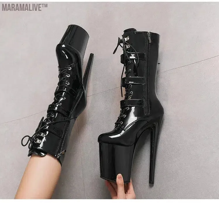 Fluorescent Green Fashionable Women's Ankle Boots with Round Toe Side Zip Short Boots for Pole Dance Platform Heels Three Belt Buckle