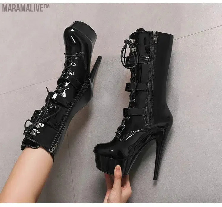 Fluorescent Green Fashionable Women's Ankle Boots with Round Toe Side Zip Short Boots for Pole Dance Platform Heels Three Belt Buckle
