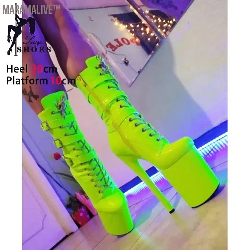 Fluorescent Green Fashionable Women's Ankle Boots with Round Toe Side Zip Short Boots for Pole Dance Platform Heels Three Belt Buckle