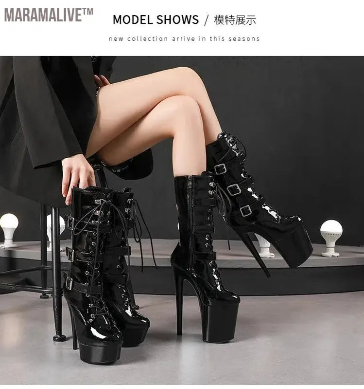 Fluorescent Green Fashionable Women's Ankle Boots with Round Toe Side Zip Short Boots for Pole Dance Platform Heels Three Belt Buckle