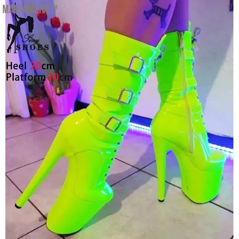 Fluorescent Green Fashionable Women's Ankle Boots with Round Toe Side Zip Short Boots for Pole Dance Platform Heels Three Belt Buckle
