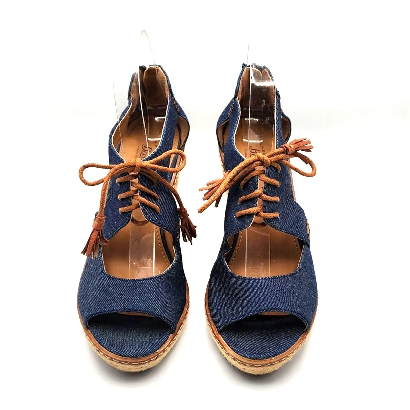 GH Bass Krista Denim Espadrille Wedge Heel Open Toe Tie Front Zipper Size 7.5