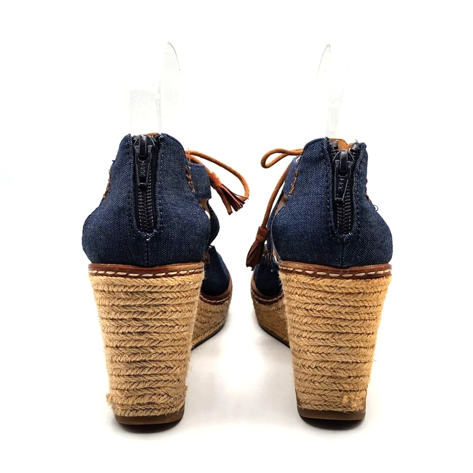 GH Bass Krista Denim Espadrille Wedge Heel Open Toe Tie Front Zipper Size 7.5