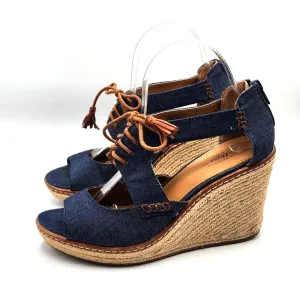 GH Bass Krista Denim Espadrille Wedge Heel Open Toe Tie Front Zipper Size 7.5