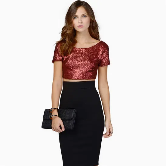 Gleam Sequin Short Sleeve Cropped Top