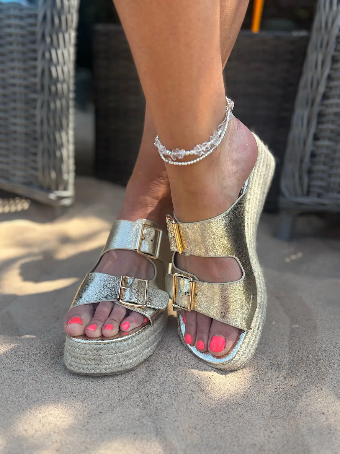 Gold Buckle Platform Espadrille Wedge