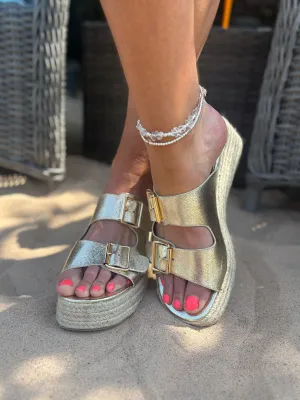 Gold Buckle Platform Espadrille Wedge