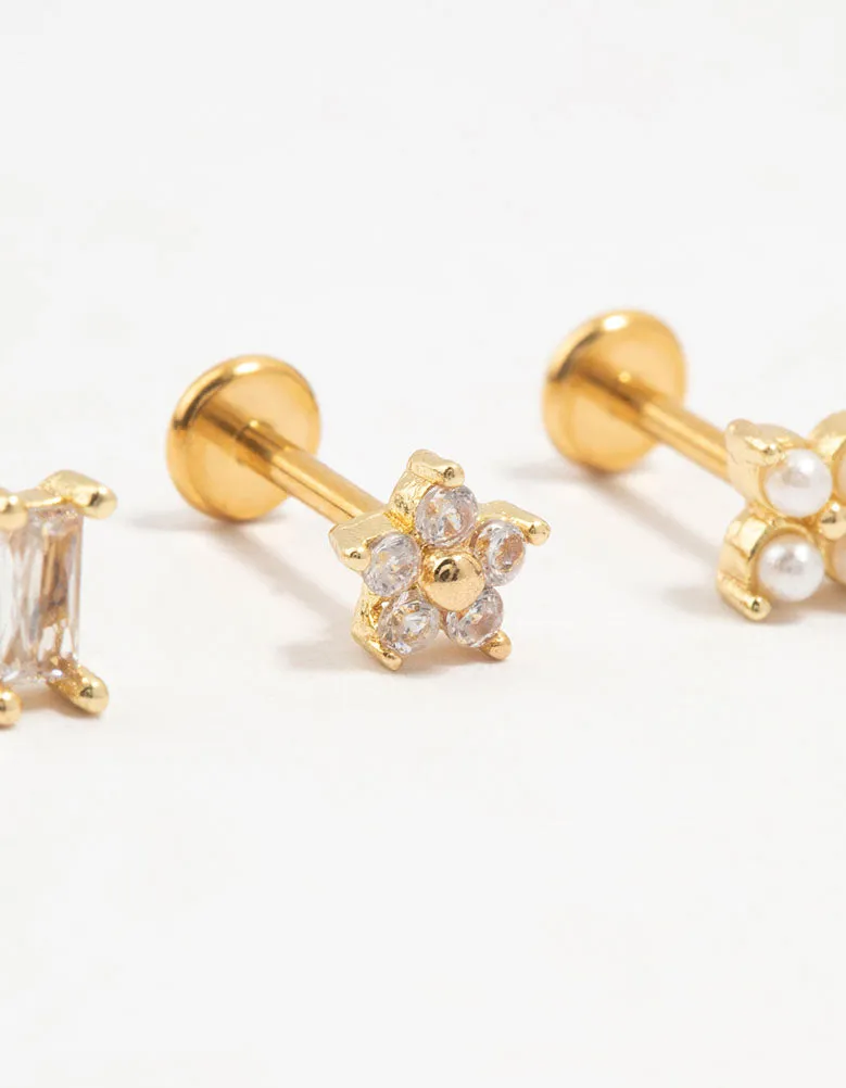 Gold Plated Surgical Steel Flower & Baguette Flat Backs 3-Pack