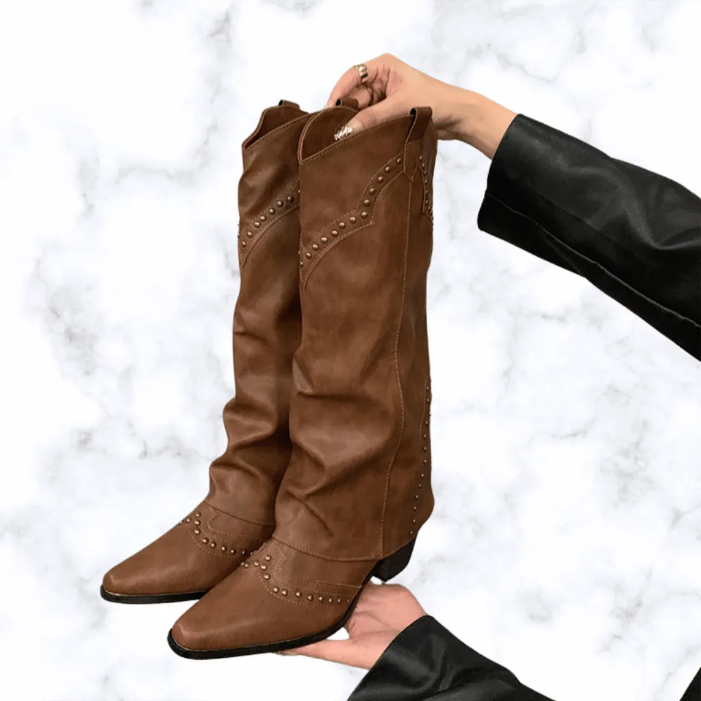 Handmade Retro Rivet Knee-High Western Boots for Women, Pointed Toe Square Heel Winter Knight Booties