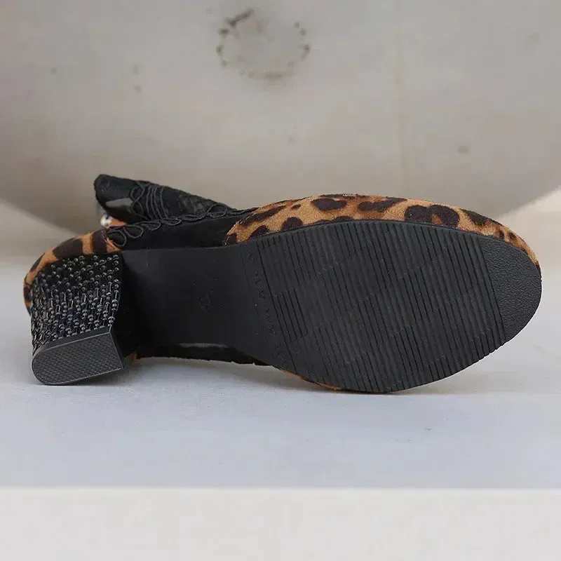 High Heels Boots Leopard Print Short Boots Women Lace Floral Back Zipper Round Toe