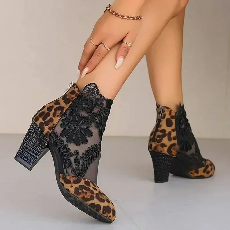 High Heels Boots Leopard Print Short Boots Women Lace Floral Back Zipper Round Toe