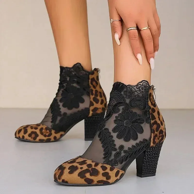 High Heels Boots Leopard Print Short Boots Women Lace Floral Back Zipper Round Toe