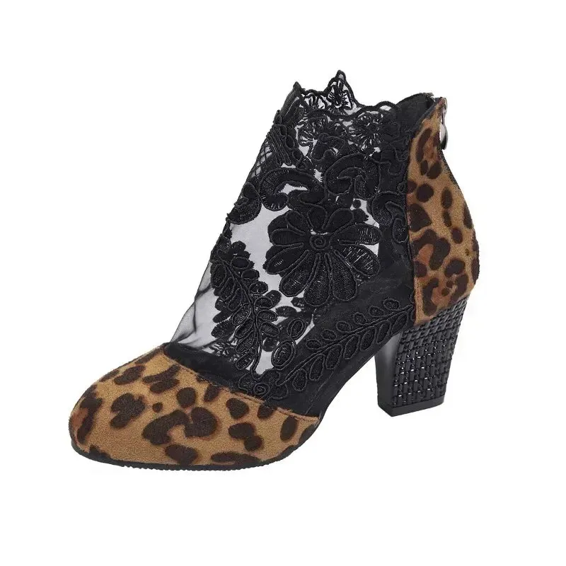 High Heels Boots Leopard Print Short Boots Women Lace Floral Back Zipper Round Toe