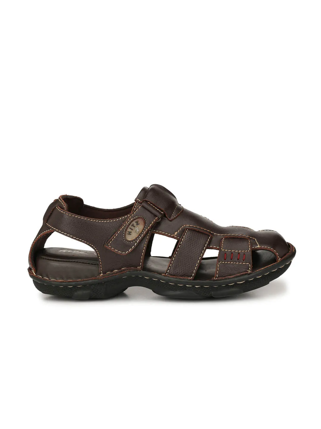 Hitz Men's Brown Leather Comfort Sandals with Velcro Closure