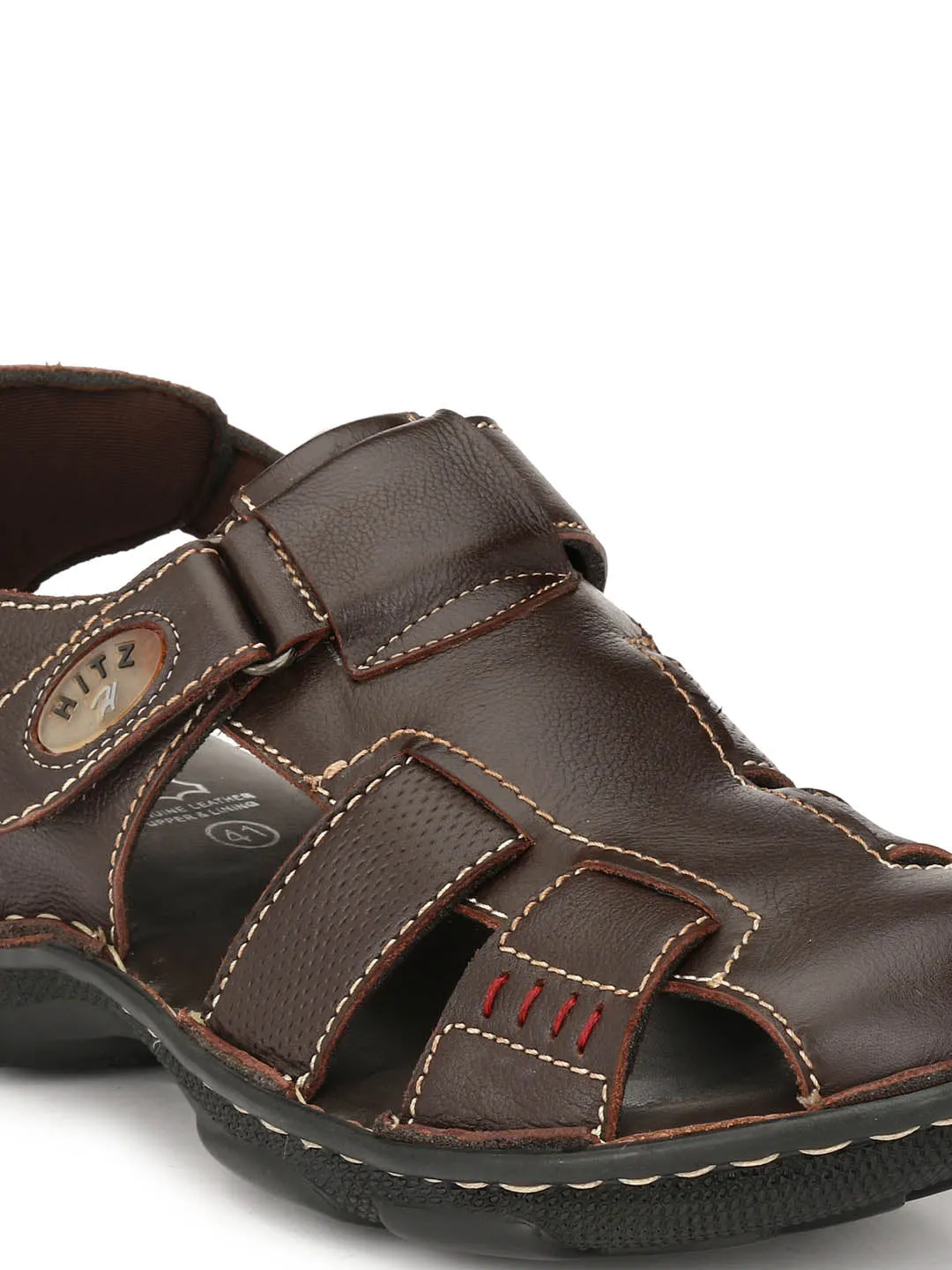 Hitz Men's Brown Leather Comfort Sandals with Velcro Closure
