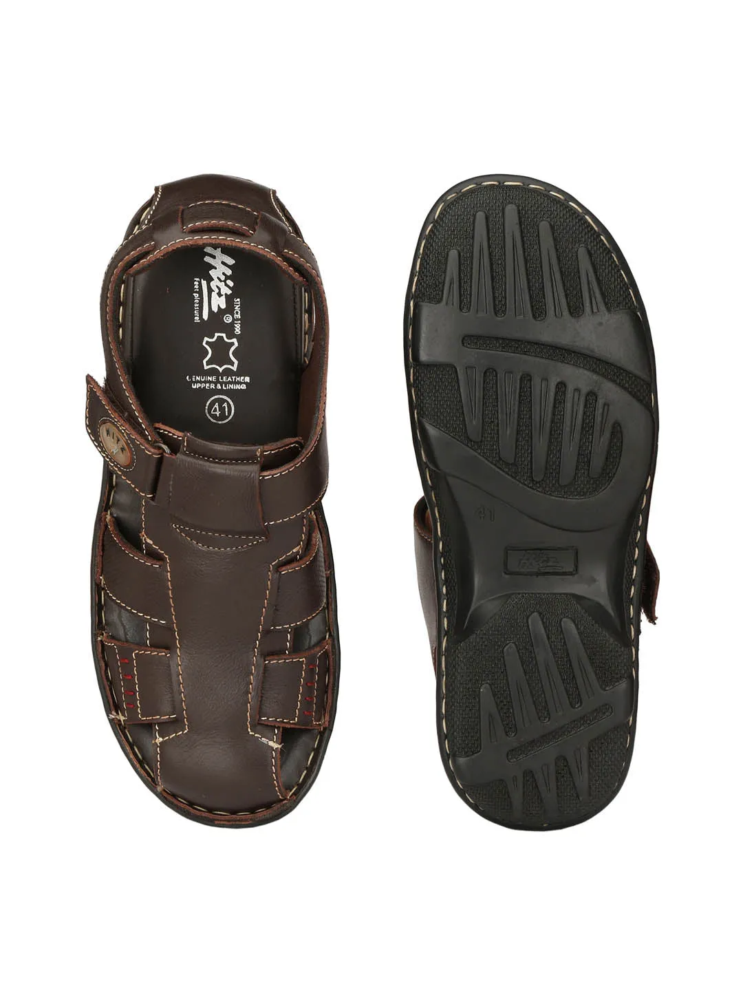 Hitz Men's Brown Leather Comfort Sandals with Velcro Closure