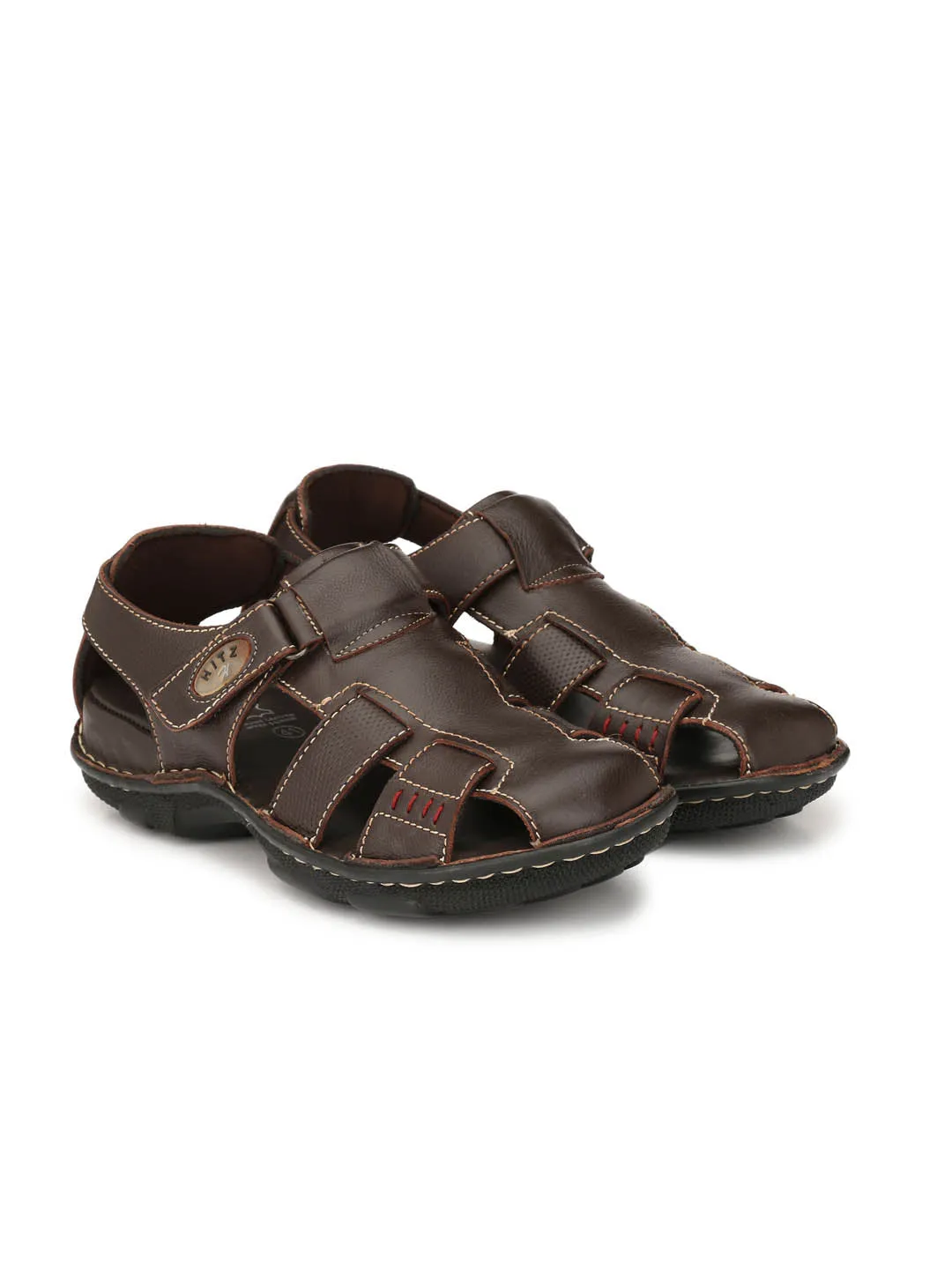 Hitz Men's Brown Leather Comfort Sandals with Velcro Closure