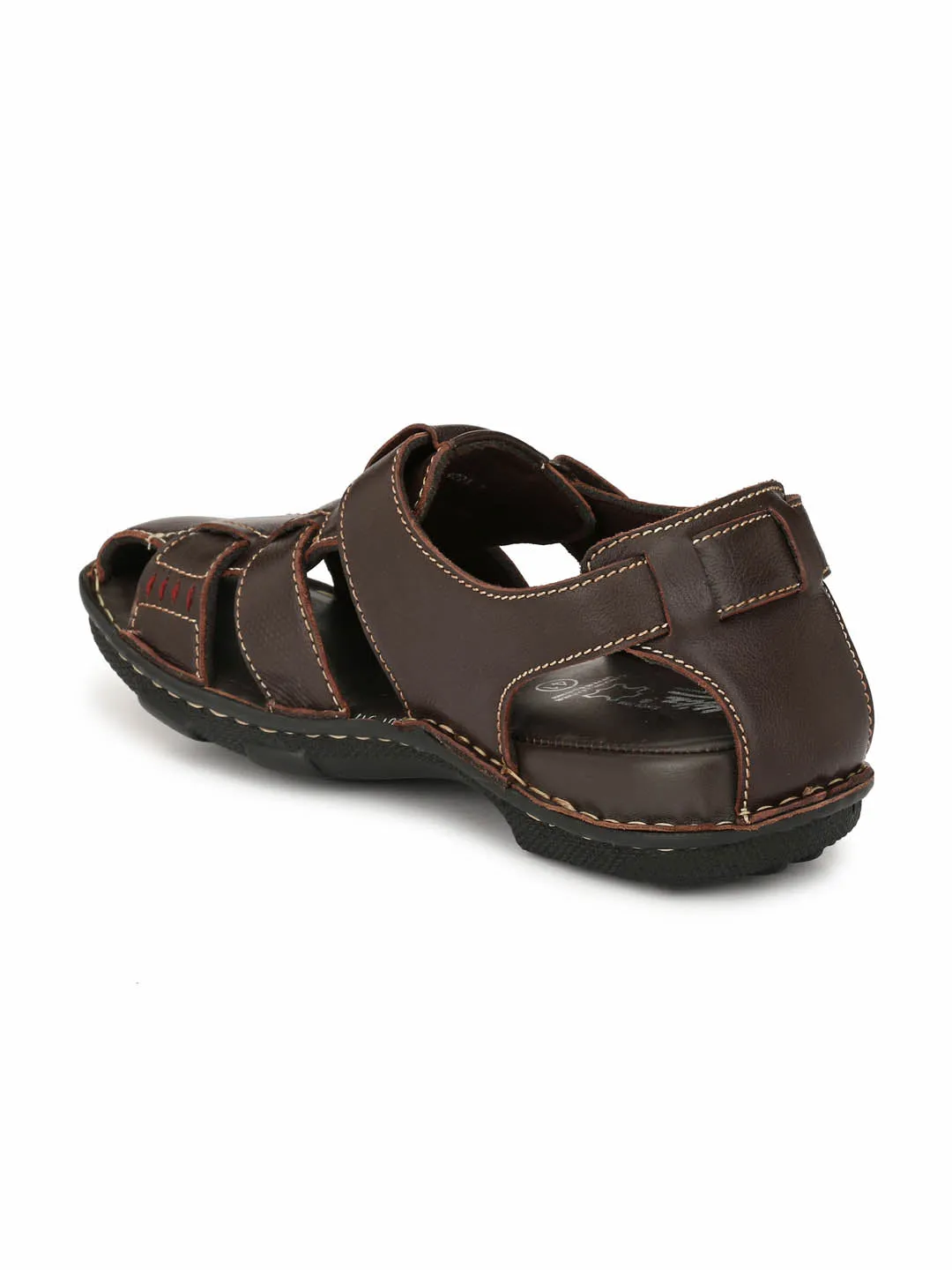 Hitz Men's Brown Leather Comfort Sandals with Velcro Closure