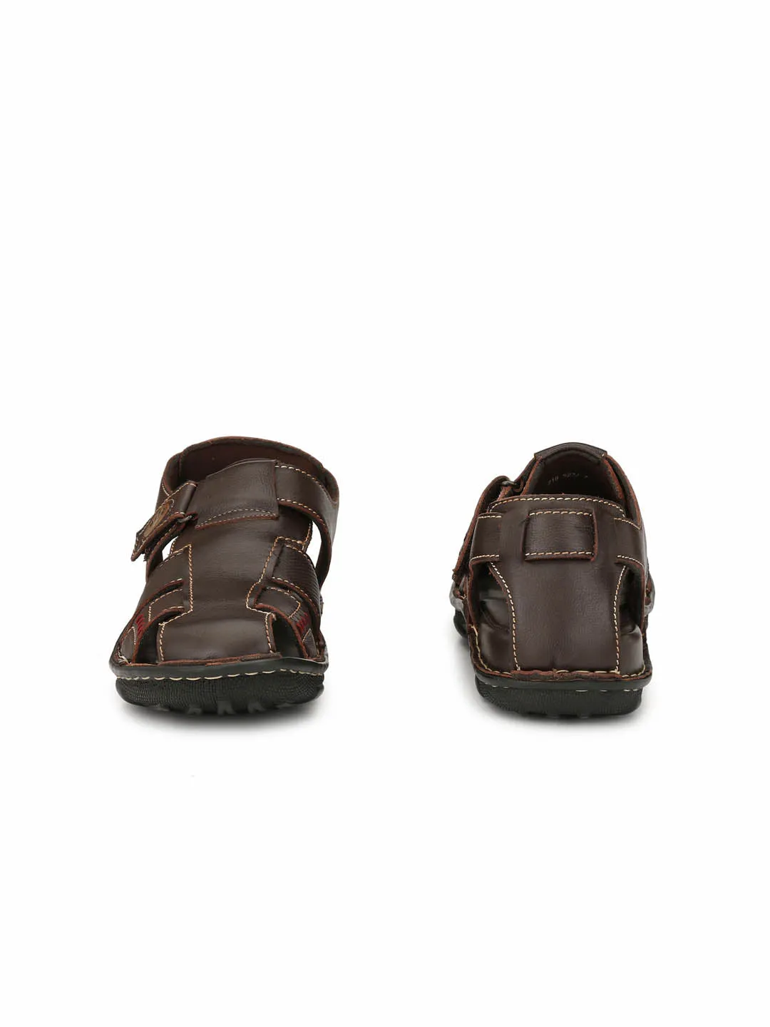 Hitz Men's Brown Leather Comfort Sandals with Velcro Closure