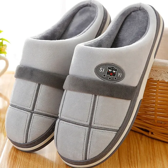 Home Men Slippers Winter Big Size 45-50 Gingham Warm Fur Slippers for male Antiskid Suede Short Plush House shoes men Hot sale
