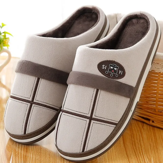 Home Men Slippers Winter Big Size 45-50 Gingham Warm Fur Slippers for male Antiskid Suede Short Plush House shoes men Hot sale