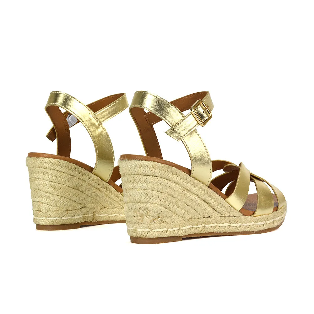 Kylie Wedge Heel Ankle Strap Espadrille Sandals in Gold