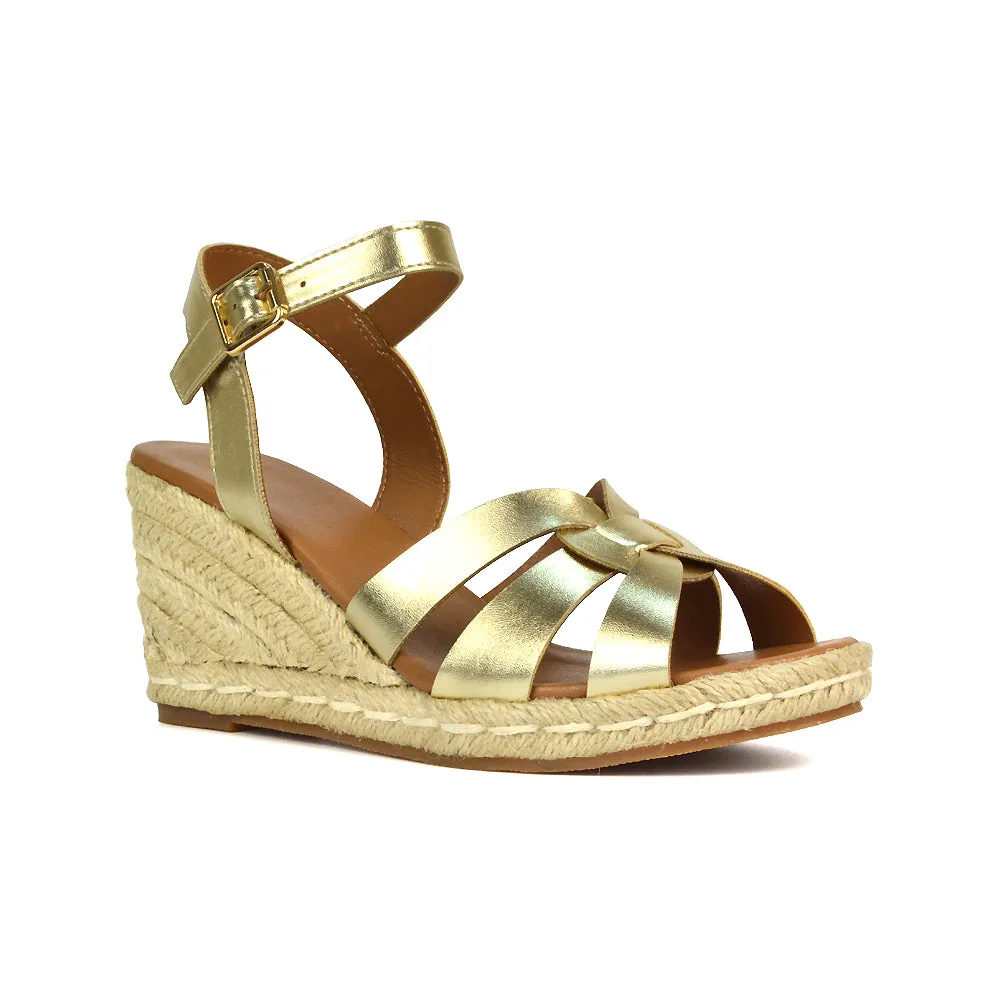 Kylie Wedge Heel Ankle Strap Espadrille Sandals in Gold
