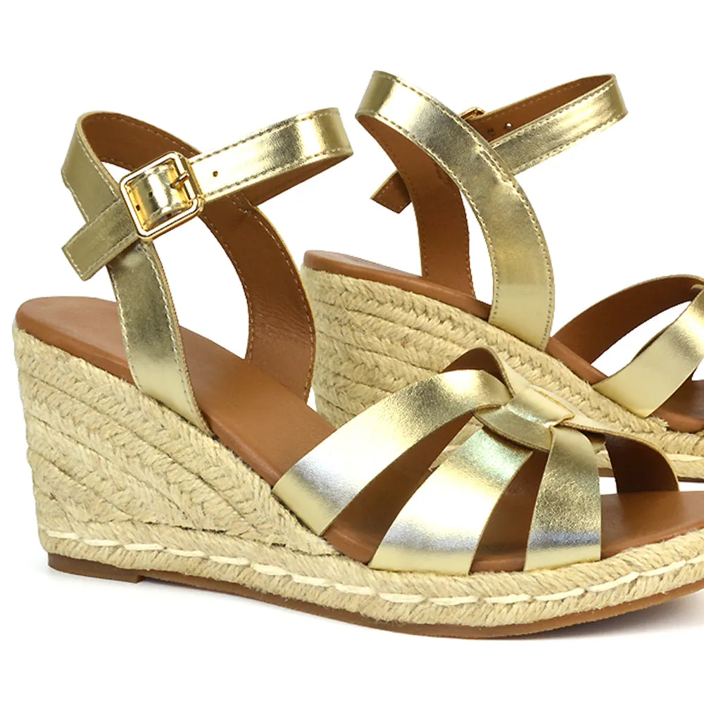 Kylie Wedge Heel Ankle Strap Espadrille Sandals in Gold