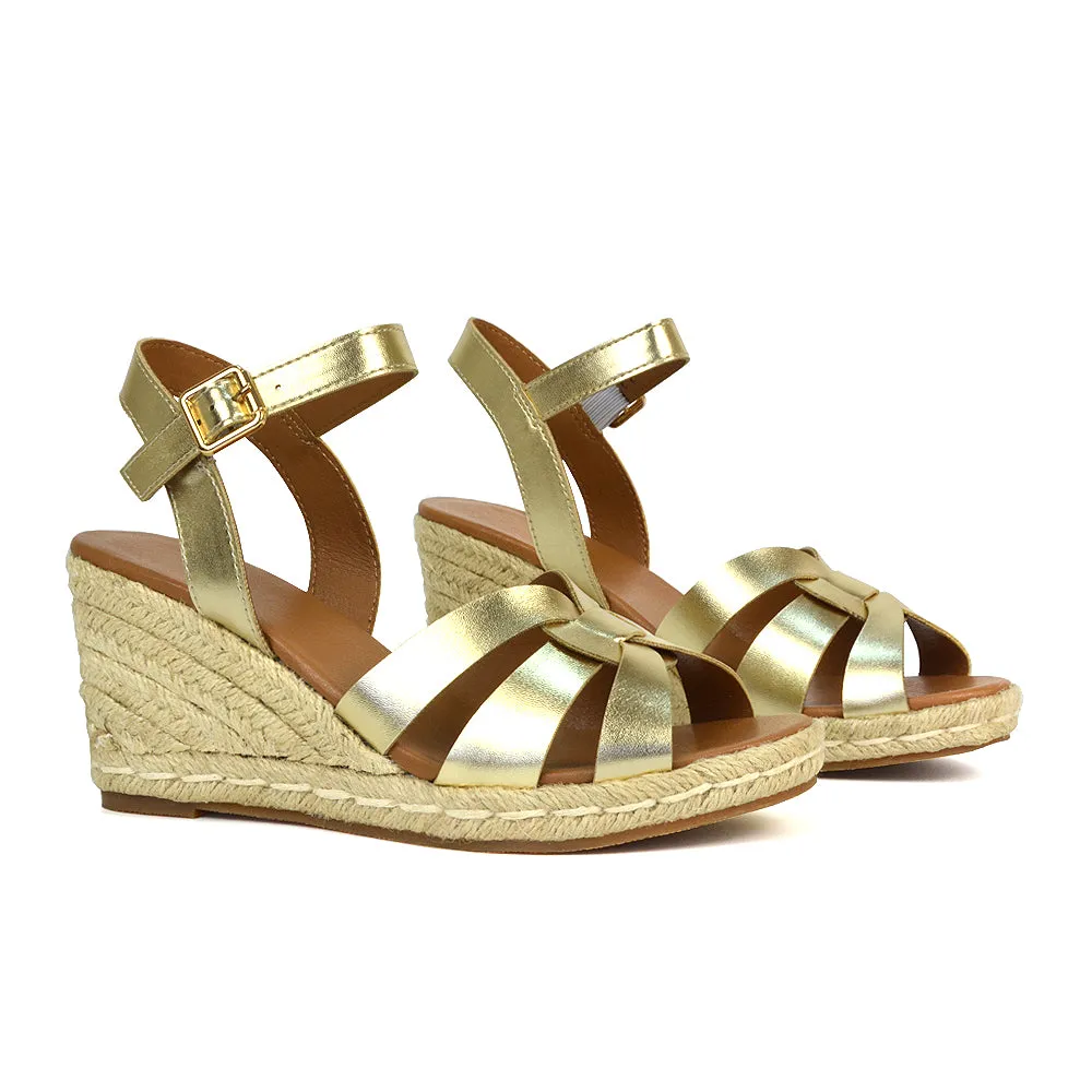 Kylie Wedge Heel Ankle Strap Espadrille Sandals in Gold