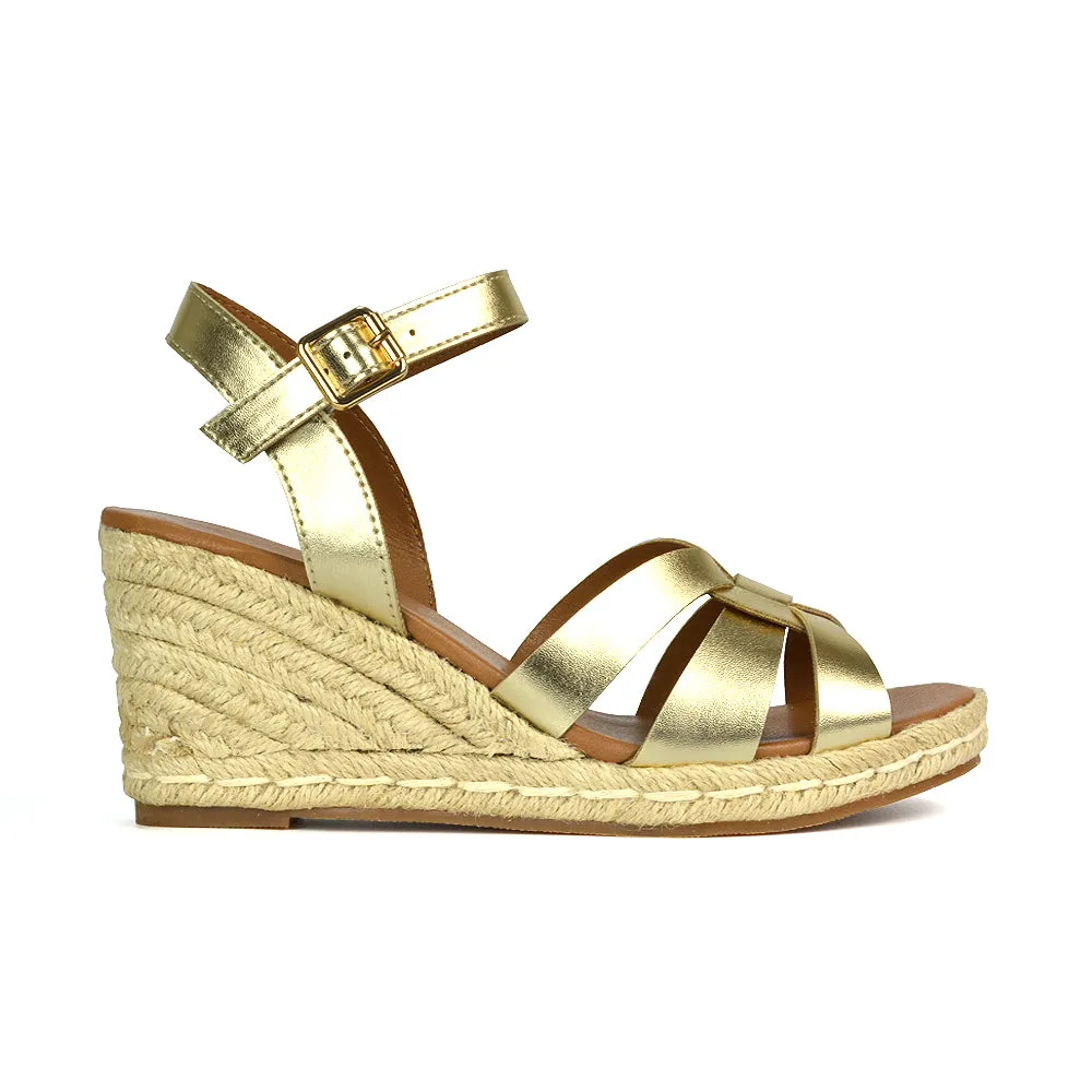 Kylie Wedge Heel Ankle Strap Espadrille Sandals in Gold