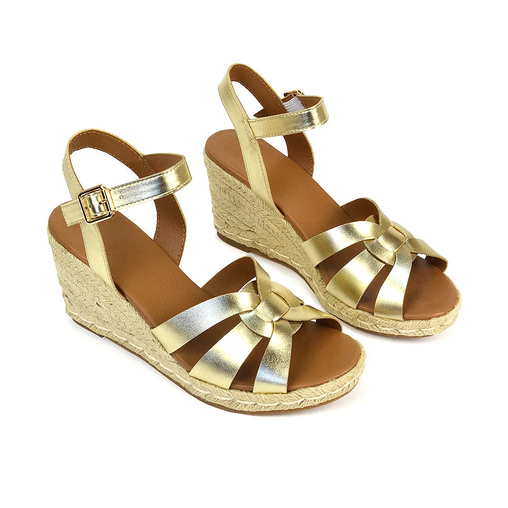 Kylie Wedge Heel Ankle Strap Espadrille Sandals in Gold
