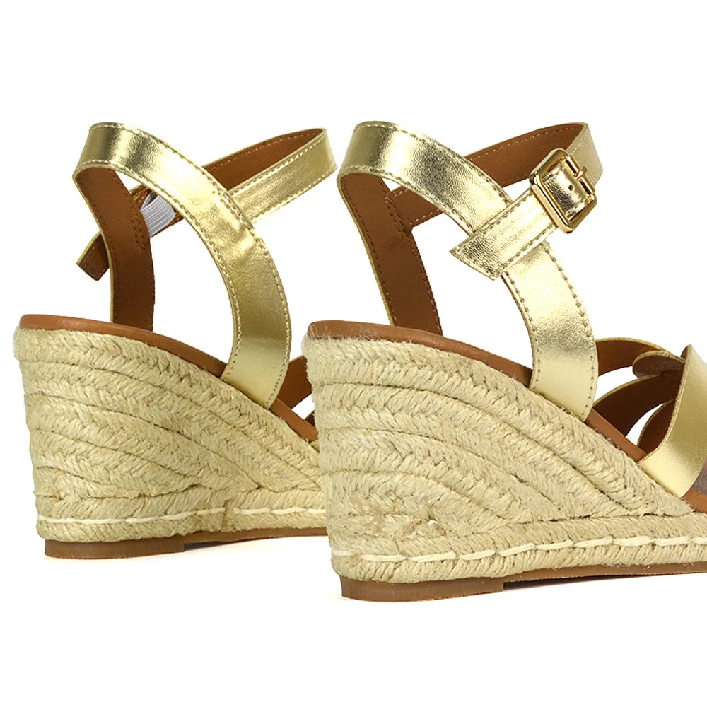 Kylie Wedge Heel Ankle Strap Espadrille Sandals in Gold