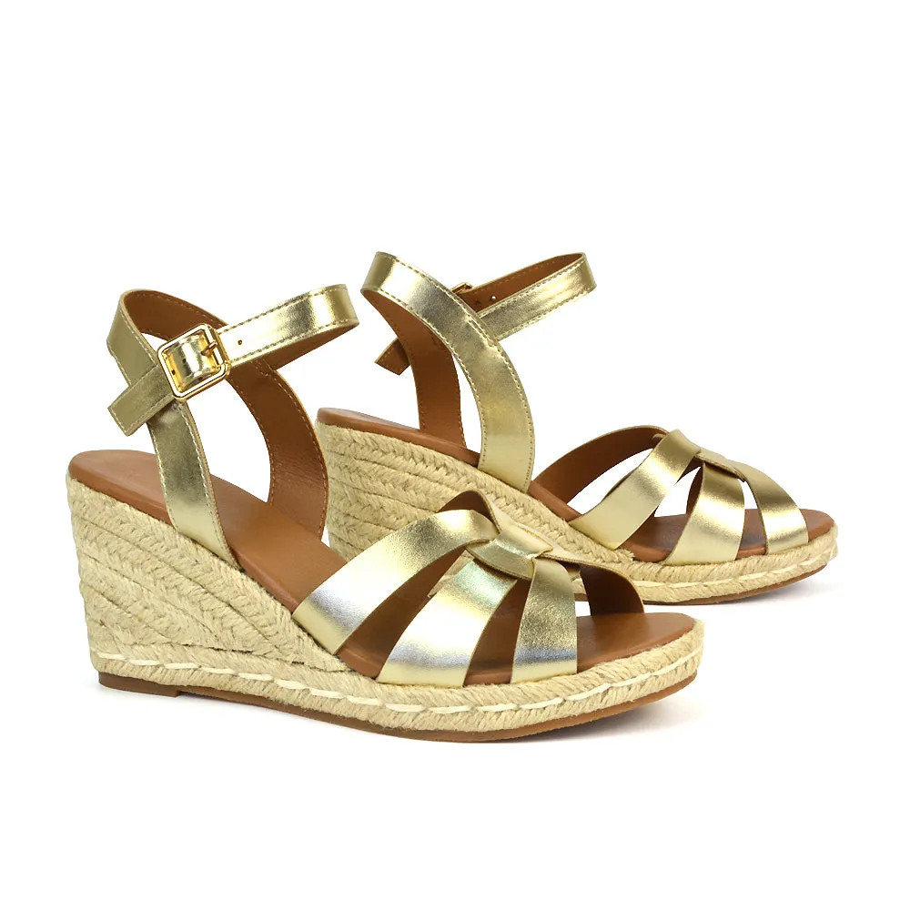 Kylie Wedge Heel Ankle Strap Espadrille Sandals in Gold