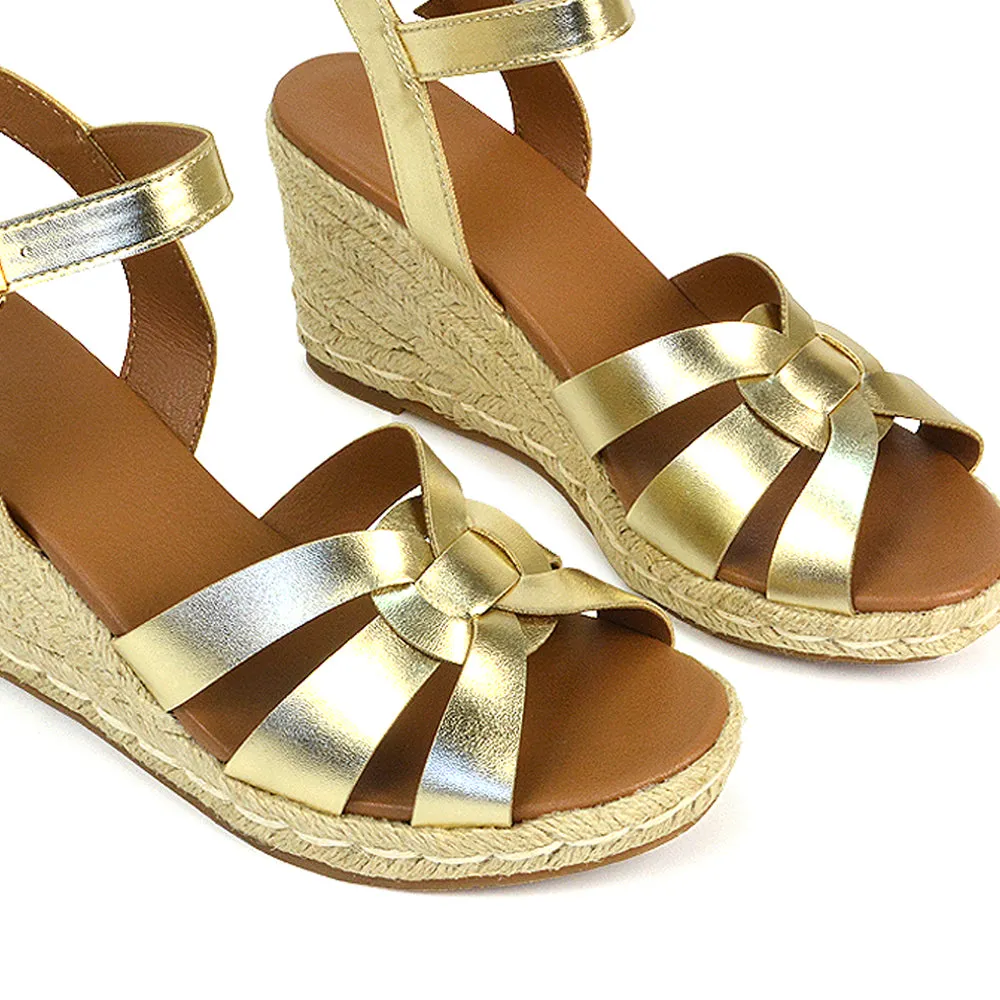 Kylie Wedge Heel Ankle Strap Espadrille Sandals in Gold
