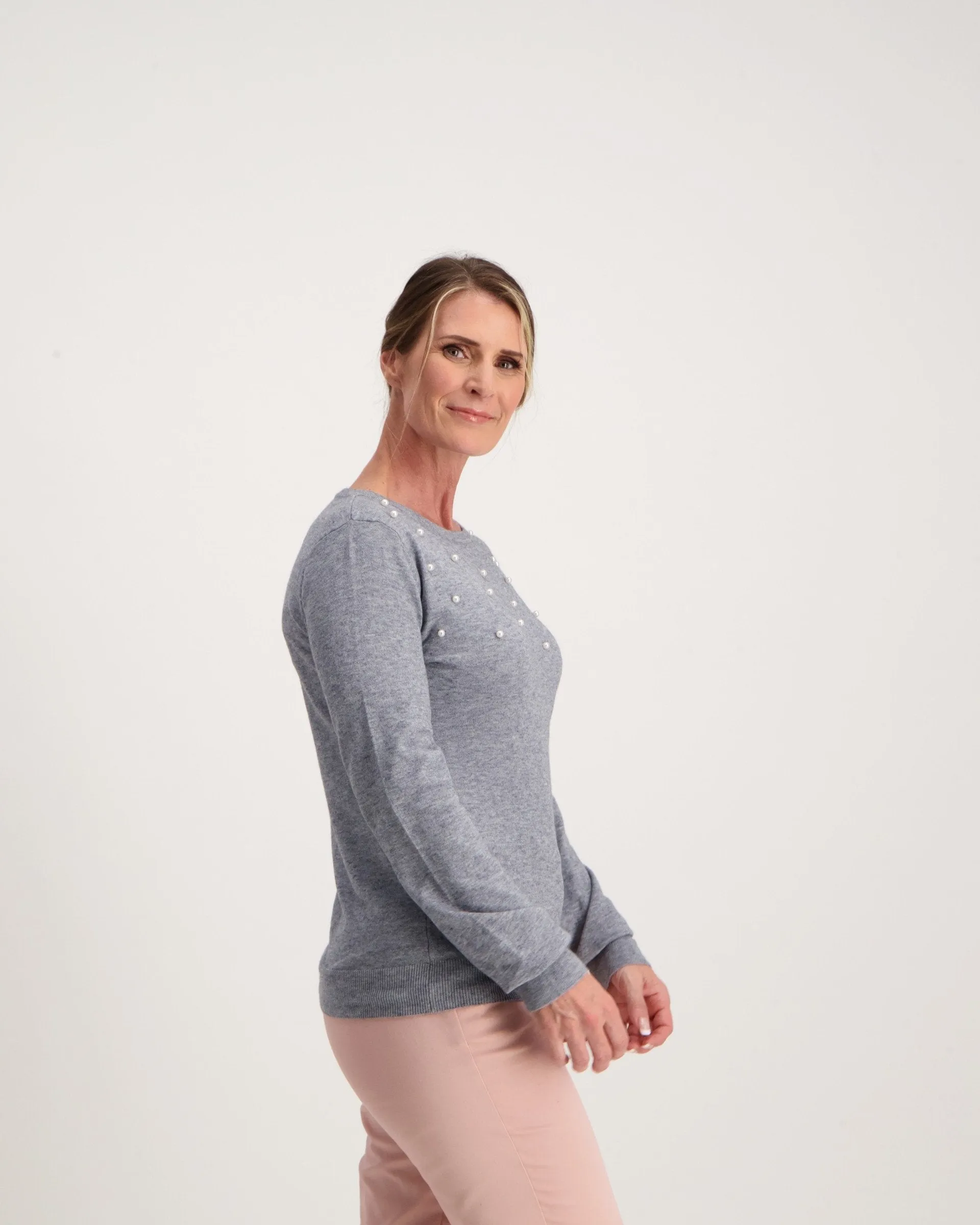 Ladies Beaded Pullover - Grey Dawn