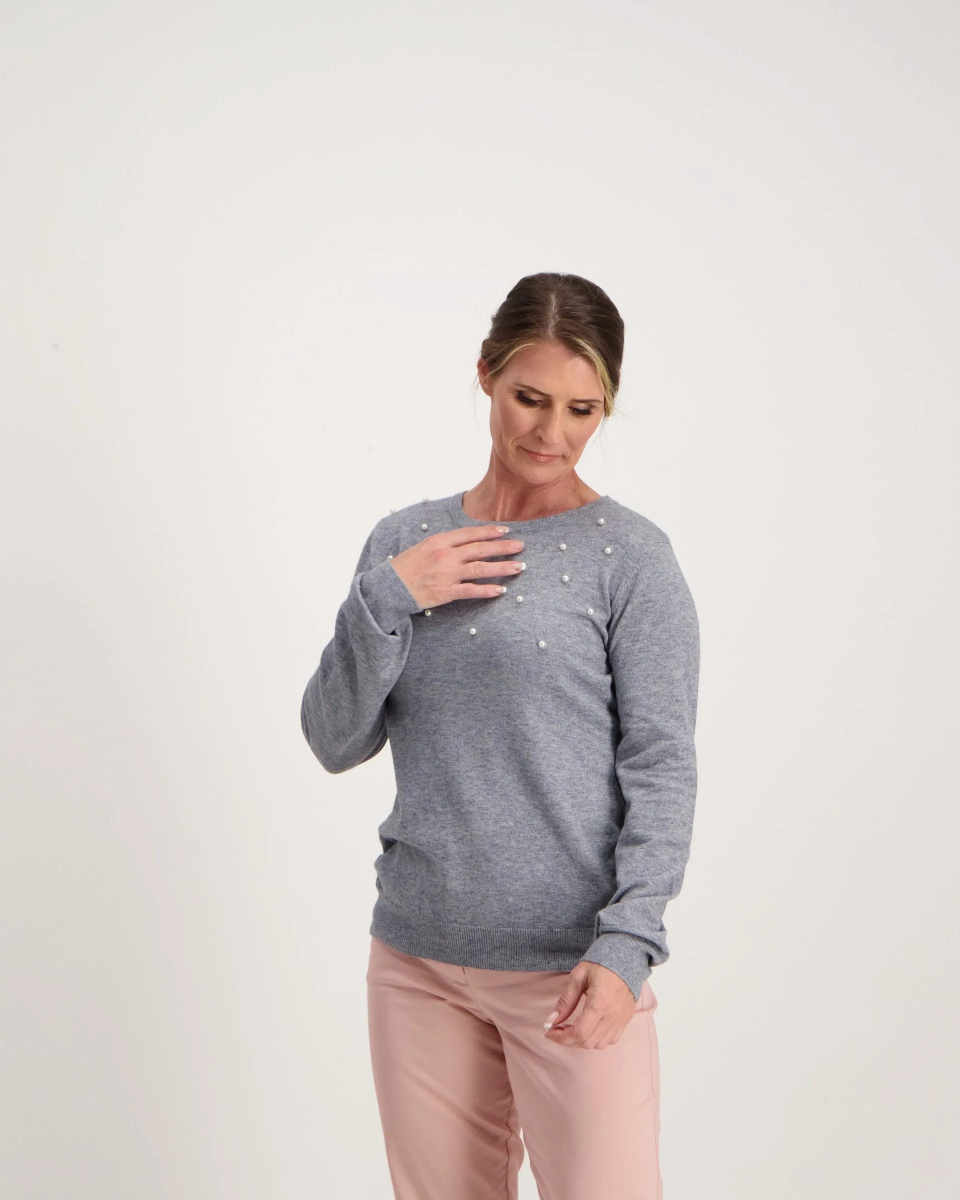 Ladies Beaded Pullover - Grey Dawn